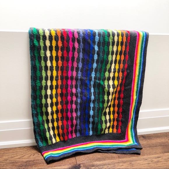 Hand Knit Rainbow Striped Throe Blanket - Picture 3 of 7